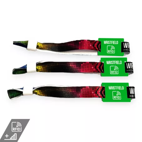 Fabric wristbands 15x350 mm full-colour custom printed on 1 side - with PST (plastic self-closing tube) and plastic RFID (high frequency) TAG