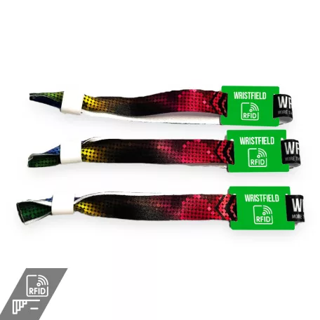 Fabric wristbands 15x350 mm full-colour custom printed on 1 side - with PST (plastic self-closing tube) and plastic RFID (low frequency) TAG