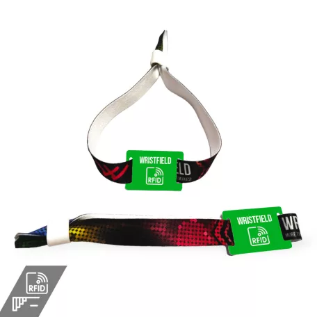 Fabric wristbands 15x350 mm full-colour custom printed on 1 side - with PST (plastic self-closing tube) and plastic RFID (low frequency) TAG