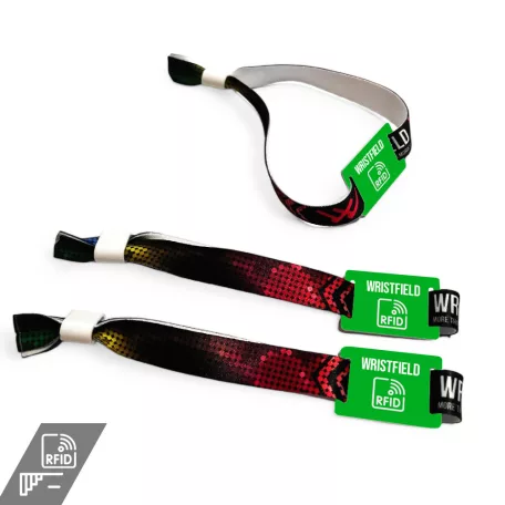 Fabric wristbands 15x350 mm full-colour custom printed on 1 side - with PST (plastic self-closing tube) and plastic RFID (low frequency) TAG