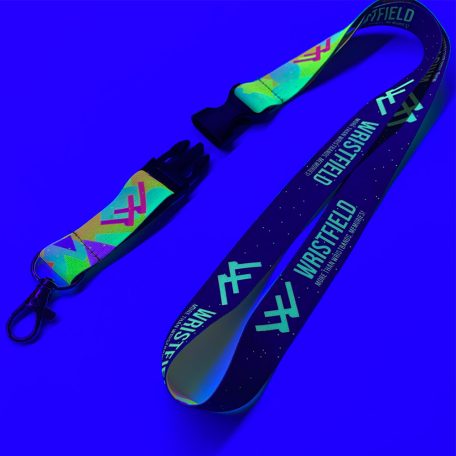 UV Reflective Satin Lanyards 20x900 mm full-colour custom printed on both sides - with metal thumb hook and Disconnect Buckle