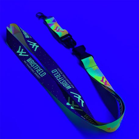 UV Reflective Satin Lanyards 20x900 mm full-colour custom printed on both sides - with metal thumb hook and Disconnect Buckle