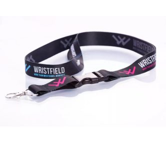   Satin Lanyards 20x900 mm full-colour custom printed on both sides - with metal thumb hook and Disconnect Buckle