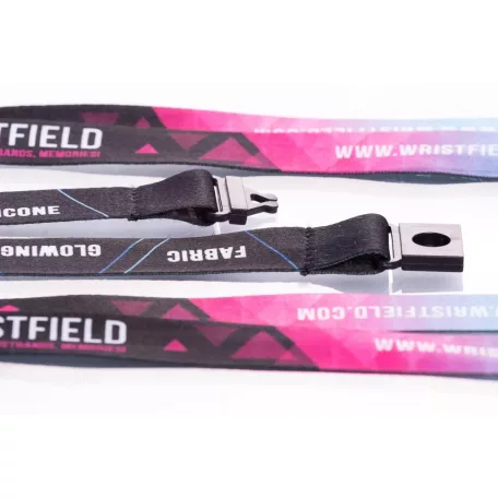 Satin Lanyards 20x900 mm full-colour custom printed on both sides - with metal thumb hook and Safety Breakaway Buckle